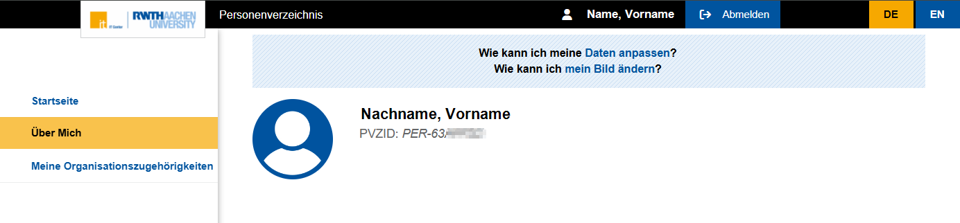 Ein Screenshot des Bereichs Über Mich. Auf dem Screenshot ist die Menüleiste abgebildet. Neben der Menüleiste sind Nachname, Vorname, PVZID und ein Platzhalten für das Profilbild zu sehen.