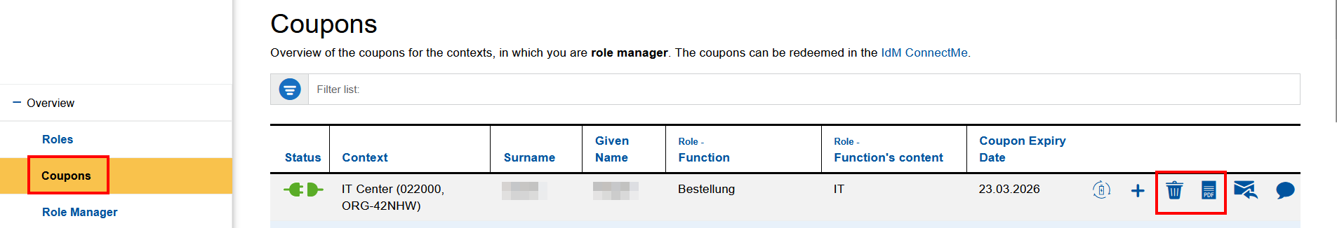 Screenshot of the "Coupons" tab in role management. The coupons are listed in a table with 7 columns. The last column ("Coupon Expiration Date") contains 6 icons. "Generate coupon as PDF" and "Send coupon as email" are icons 4 and 5, respectively.