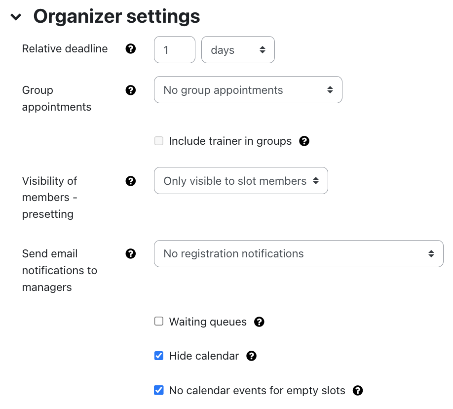 Organizer settings Organizer settings