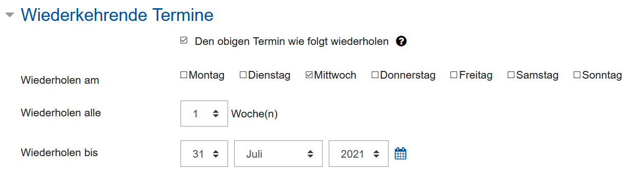 Screenshot Einstellungen für wiederkehrende Termine