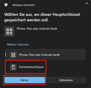 Screenshot des Fenster "Windows-Sicherheit" auf dem am Ende die Auswahl "Sicherheitsschlüssel" und der Button "Weiter" markiert sind.
