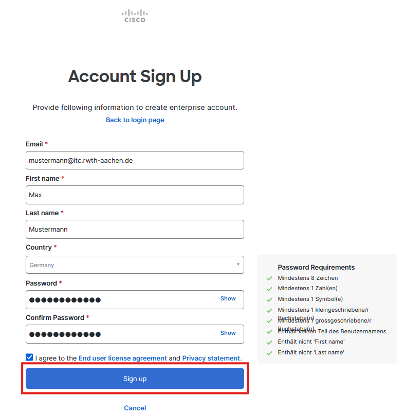 Screenshot des Fensters "Account Sign Up" auf dem unter den Eingabefeldern der Button "Sign Up" markiert ist.