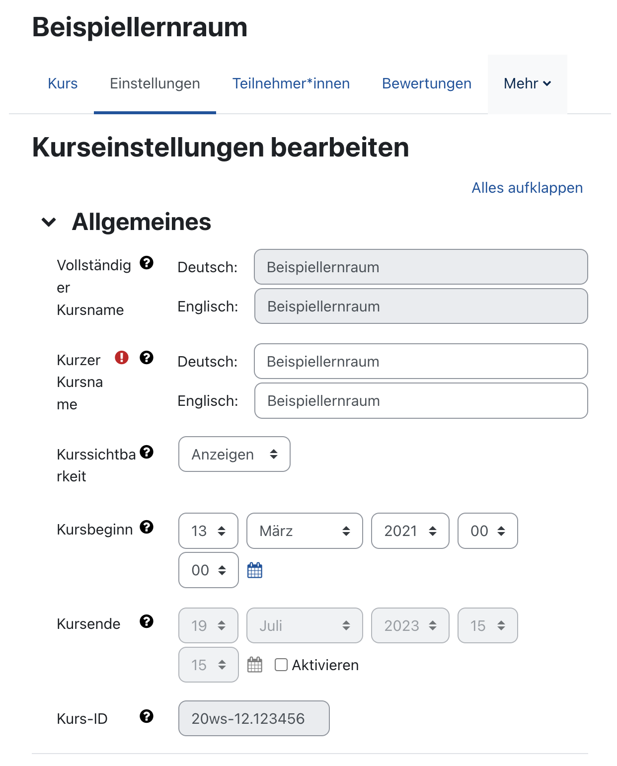 Screenshot: Hervorgehobener Abschnitt „Allgemeines“ mit Einstellungen zu Kursname, Sichtbarkeit, Durchführungszeitraum und Anzeige der Kurs-ID unten.