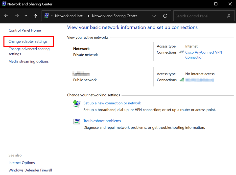 Screenshot of the Network and Sharing Center. "Change adapter settings" is located in the menu between "Control Panel Home" and "Change advanced sharing settings".