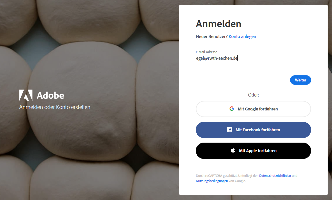 Das Bild zeigt die Anmeldemaske auf der Adobe-Seite