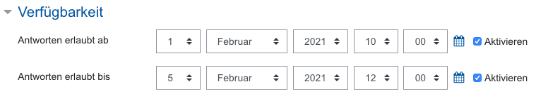 Screenshot Feedback-Einstellungen, Kategorie Verfügbarkeit