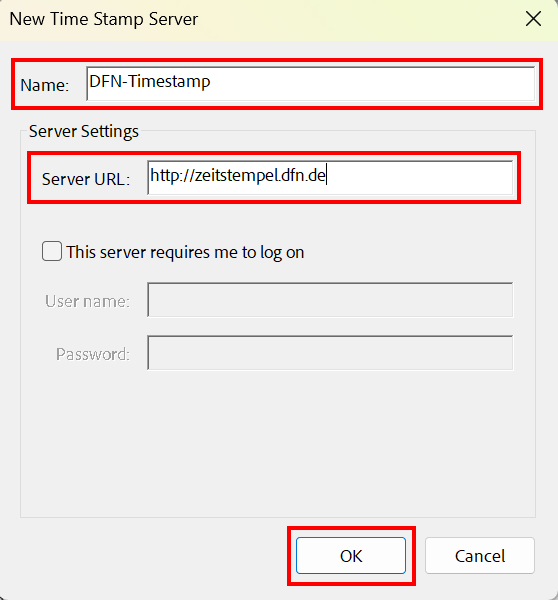 Neuen Uhrzeitstempelserver definieren Screenshot of the New Time Stamp Server dialogue box. The settings are listed above.