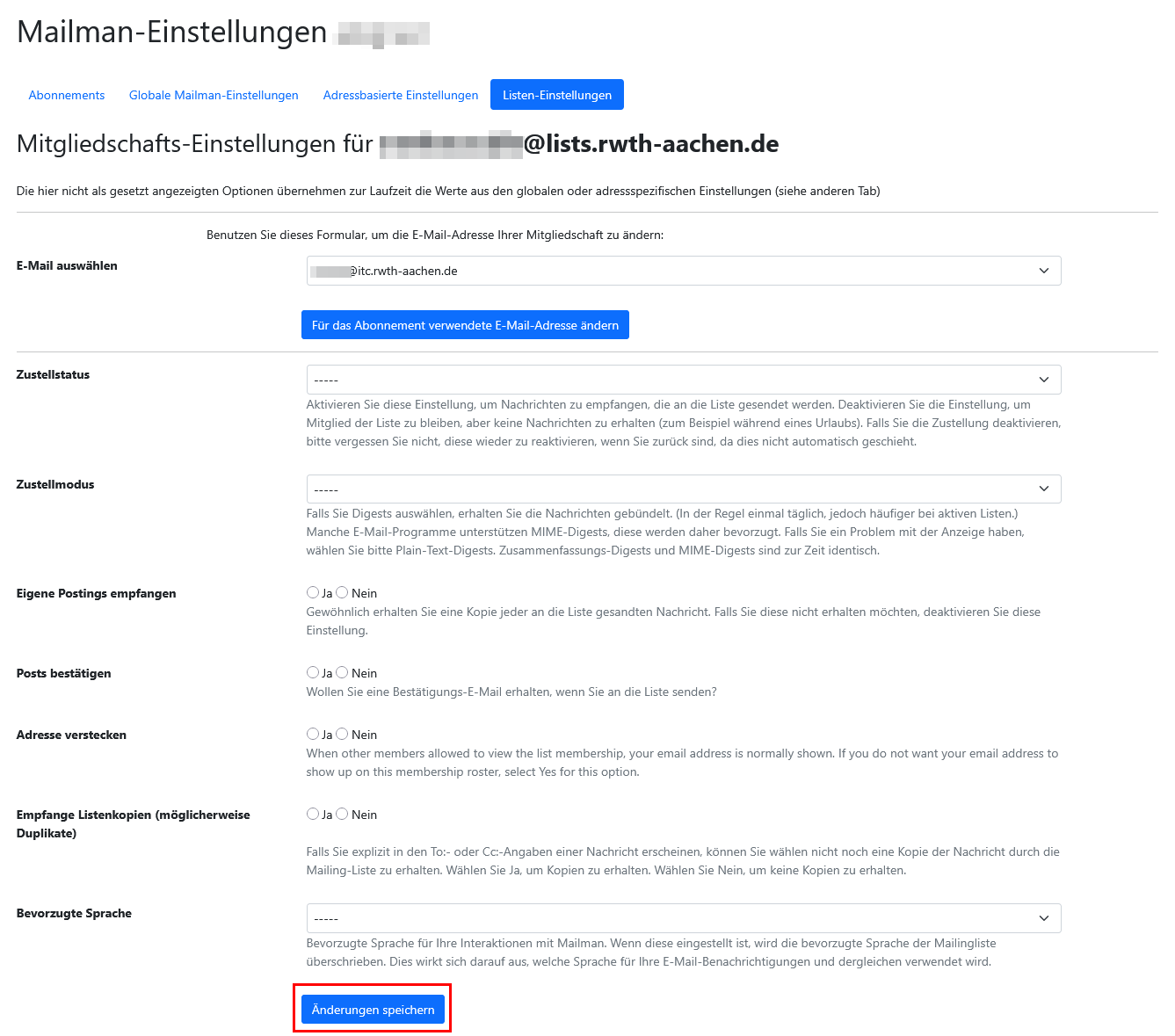 Screenshot der Listeneinstellungen. Die Einstellungen werden unten beschrieben. Unter jedem Feld in Mailman ist ebenfalls eine kurze Beschreibung der jeweiligen Einstellung vorhanden. Unter den Feldern befindet sich die Schaltfläche "Änderungen speichern".
