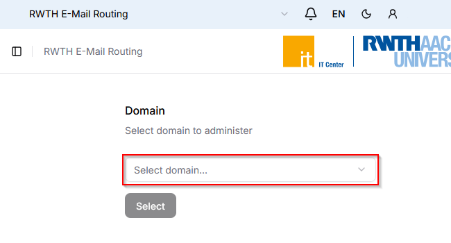 Domain selection via drop-down. Followed by the "Select" button.
