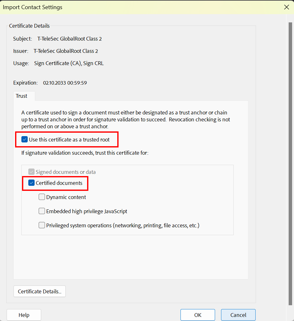 Kontakteinstellungen importieren Screenshot of the dialog box "Import Contact Settings". "Trust" is located after the certificate details.