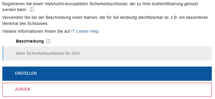 Screenshot der Seite zum fertigstellen des Schlüssels. Unter „Beschreibung“ muss ein Name für den Schlüssel vergeben werden. Der Button „Erstellen“ befindet sich direkt darunter.