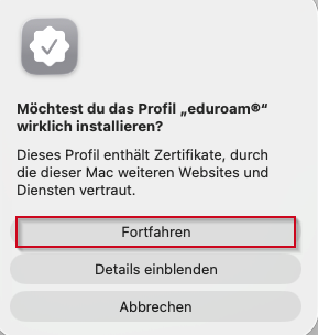 Popup-Fensters eduroam Installation bestätigen