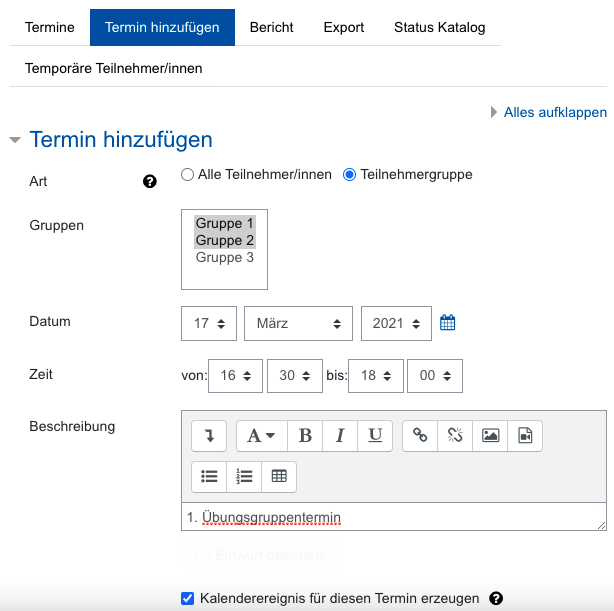 Screenshot Einstellungen für ds Hinzufügen eines Termins