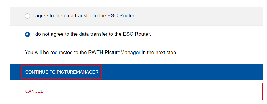 Screenshot of the BlueCard page. You can select either "I agree to the data transfer to the ESC router" or "I do not agree to the data transfer to the ESC router." Below these options are the buttons "Continue to PictureManager" and "Cancel."