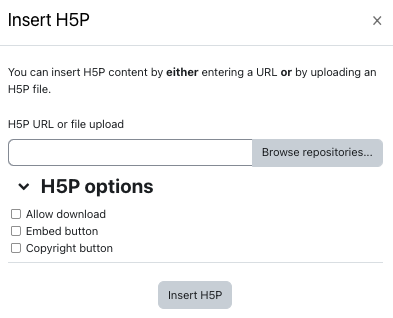 The "Insert H5P" dialog box The "Insert H5P" dialog box