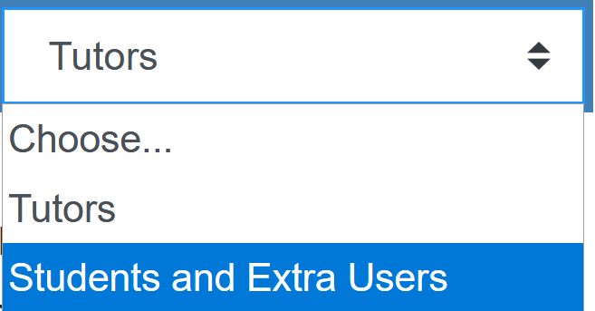 Change role to Students option The screenshot shows the dropdown menu with the two options "Tutors" and "Students and Extra Users", which is highlighted.