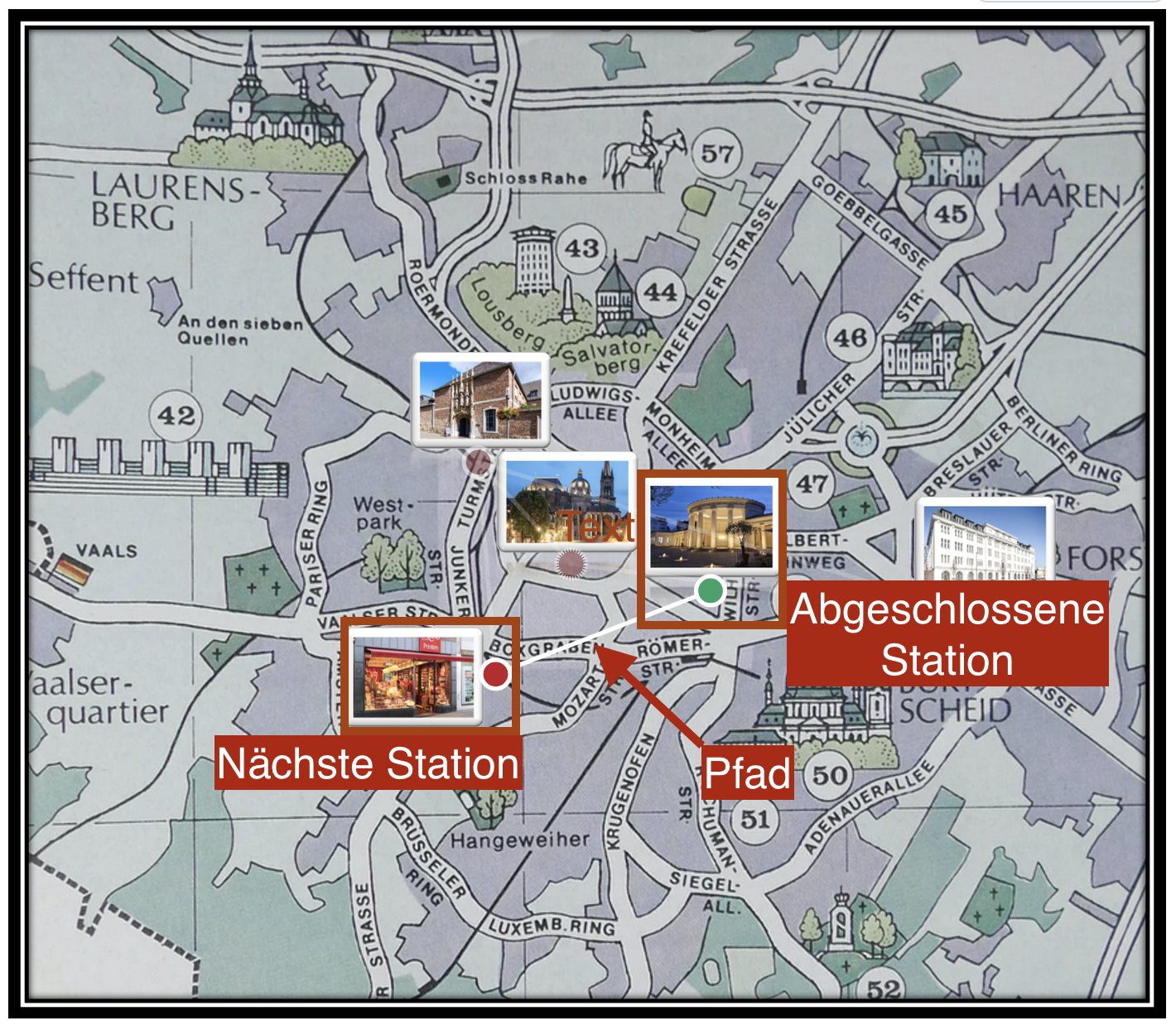 Screenshot: Beispiel einer Lernlandkarte zur Jagd nach dem Printenschatz. Eine erledigte, eine nicht erledigte Station und der beide verbindende Pfad sind rot hervorgehoben.