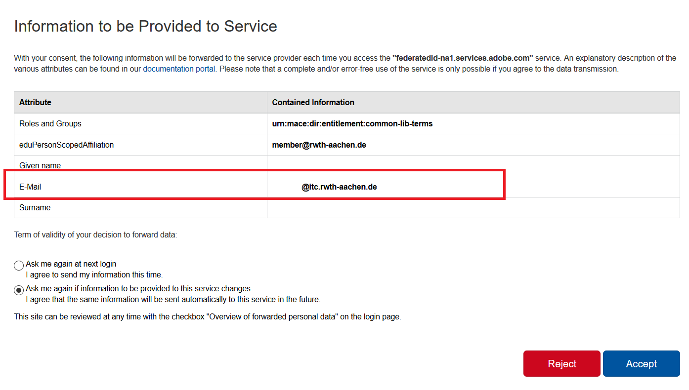 The picture shows the information provided through the RWTH Single Sign-On The picture shows the information provided through the RWTH Single Sign-On
