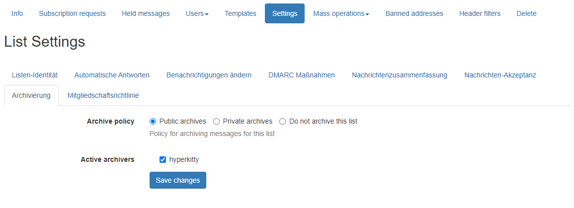 Einstellungen Hyperkitty Archivierung