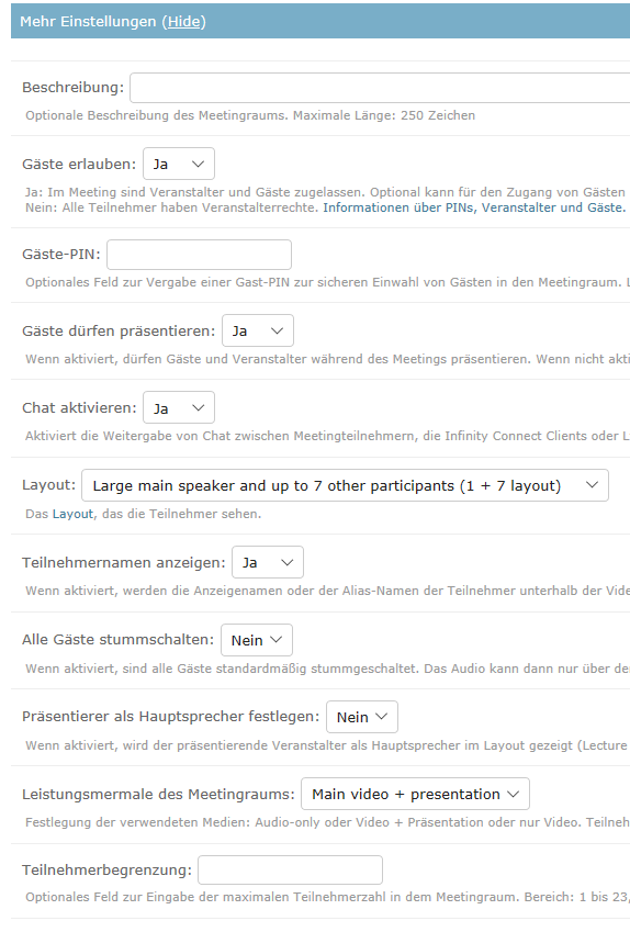 The picture shows advanced settings for the meeting The picture shows advanced settings for the meeting