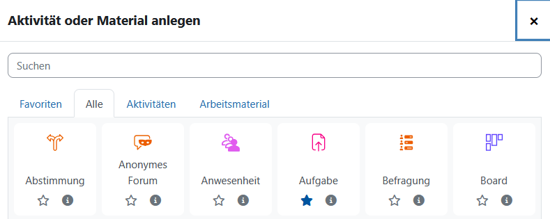 Screenshot: Ein Ausschnitt der Aktivitätenauswahl mit einigen Beispielaktivitäten. Eine ist mit einem blauen Stern als Favorit markiert.