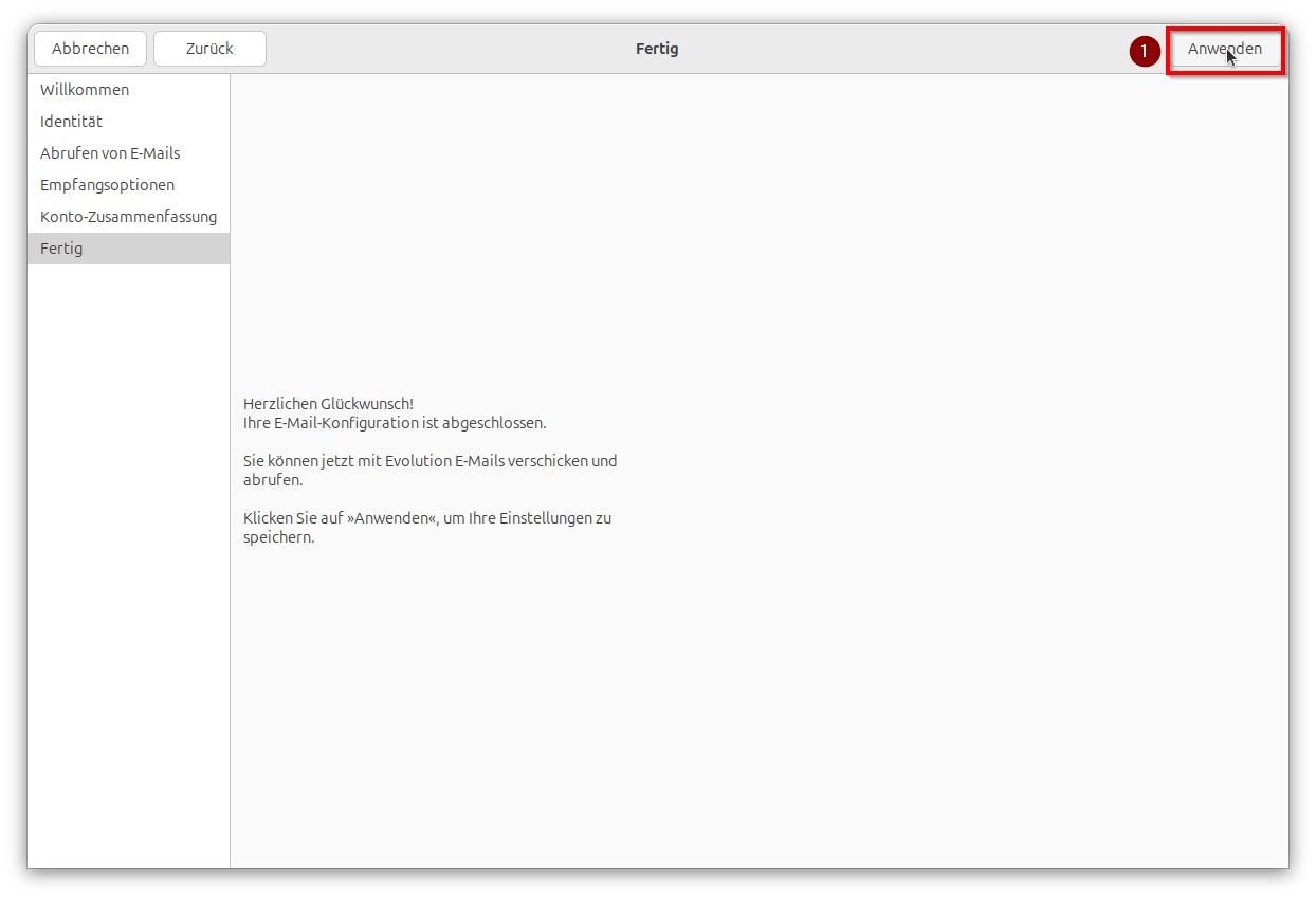 Screenshot des Fensters "Fertig" auf dem oben rechts der Button "Anwenden" markiert ist.