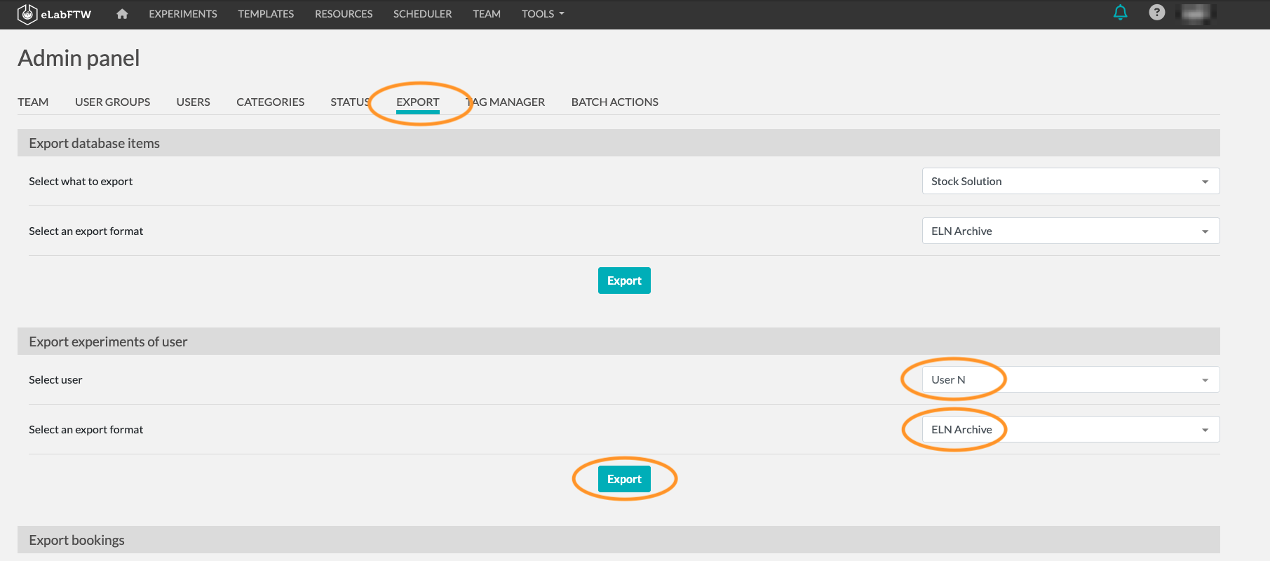 Screenshot of the Admin Panel. The "Export" tab is listed between "Status" and "Tag Manager". The section is divided into 2 subsections: "Export database items" and "Export experiments of user". The settings from steps 2 and 3 are made in the second subsections.