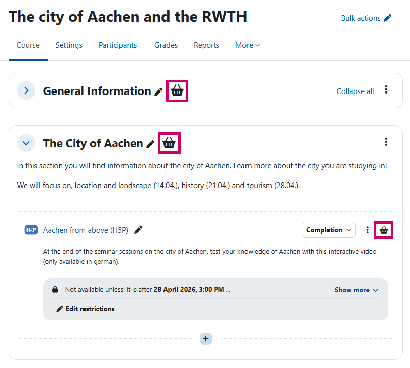 Screenshot: Excerpt from a course view in edit mode. Next to the names of the course sections and activities is a shopping cart icon that is highlighted.