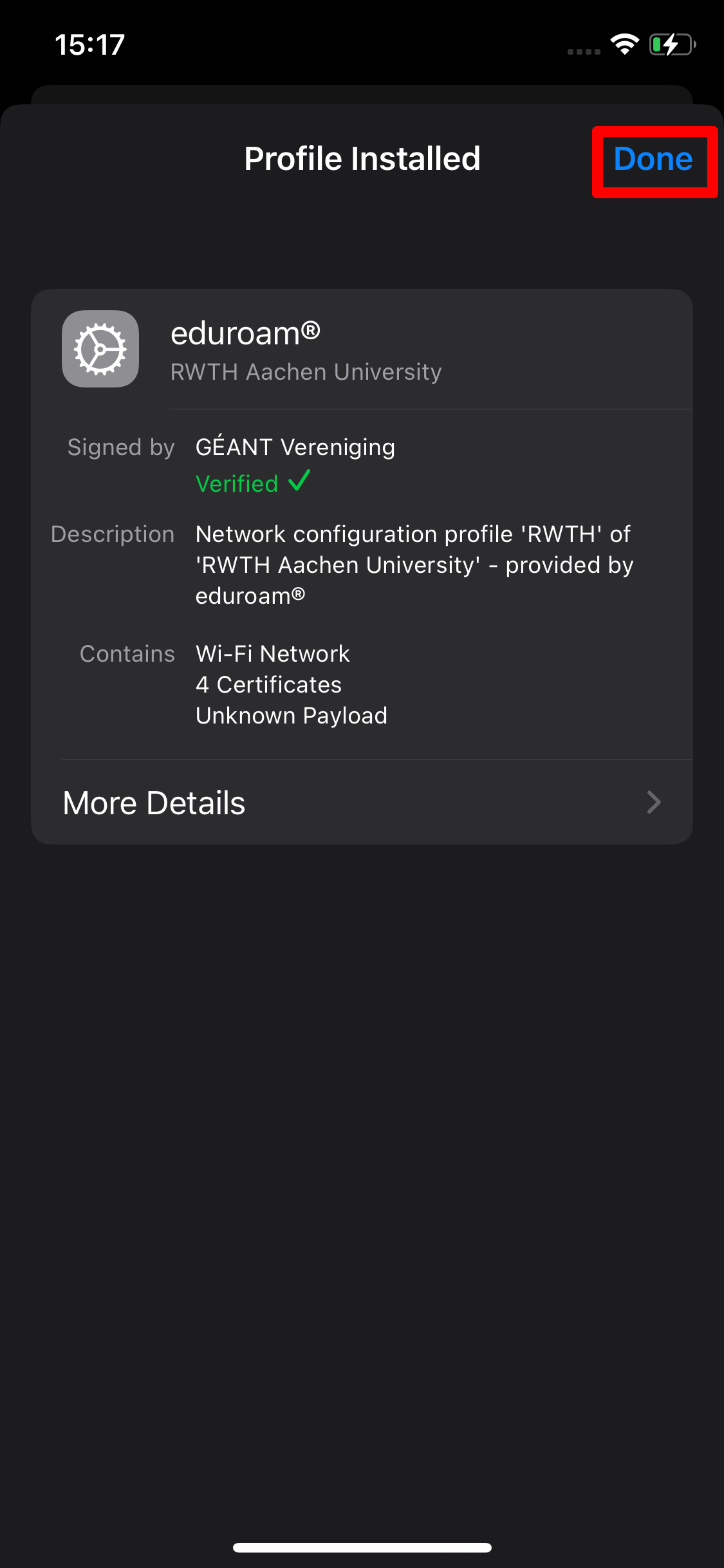 Screenshot of the "Profile Installed" page. The profile is displayed again.