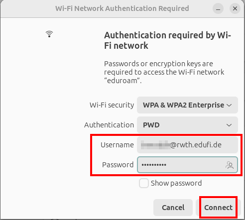 Screenshot of the pop-up window with “PWD” in the drop-down menu. Instead of “Anonymous identity”, you will now find user name and password under Authentication. The user name ends with @rwth.edufi.de.