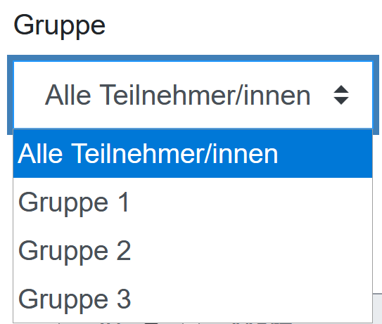 Der Ausschnitt zeigt die Gruppenauswahl als Dropdown-Menü. Zur Verfügung stehen hier "Alle Teilnehmer/innen", "Gruppe 1", "Gruppe 2" und "Gruppe 3". "Alle Teilnehmer/innen" ist markiert.