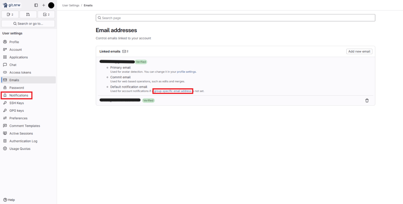 The link “group-specific email address” is selected below the primary email address The link “group-specific email address” is selected below the primary email address