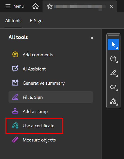 Zertifikate wählen Screenshot of the "All tools" Menu. "Use a certificate" is located between "Add a stamp" and "Measure objects".