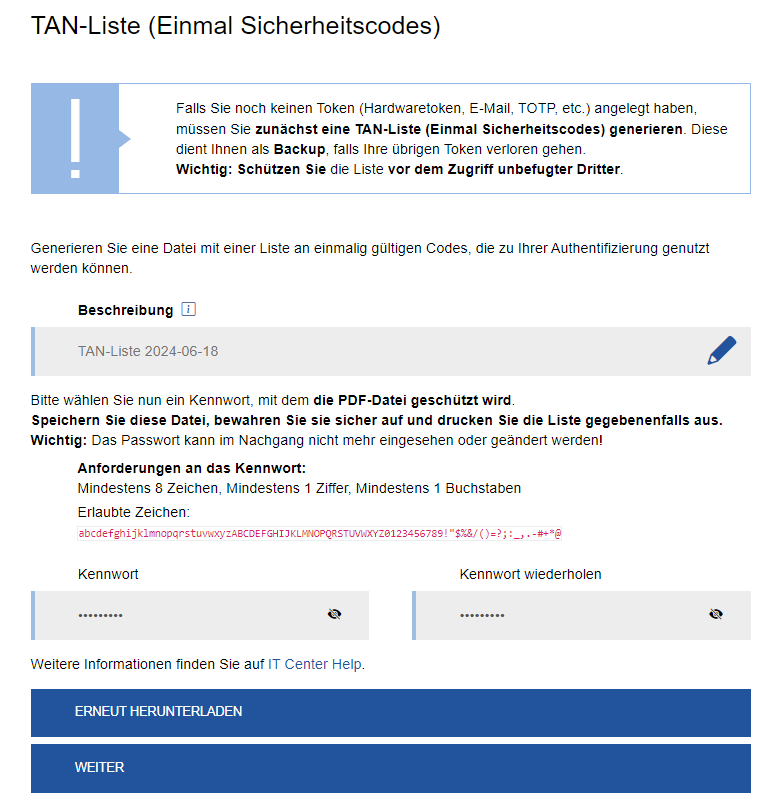 TAN-Liste erneut herunterladen Screenshot der Ansicht fertigstellen des Tokens. Der Button „Erneut herunterladen“ befindet sich am Ende der Seite.