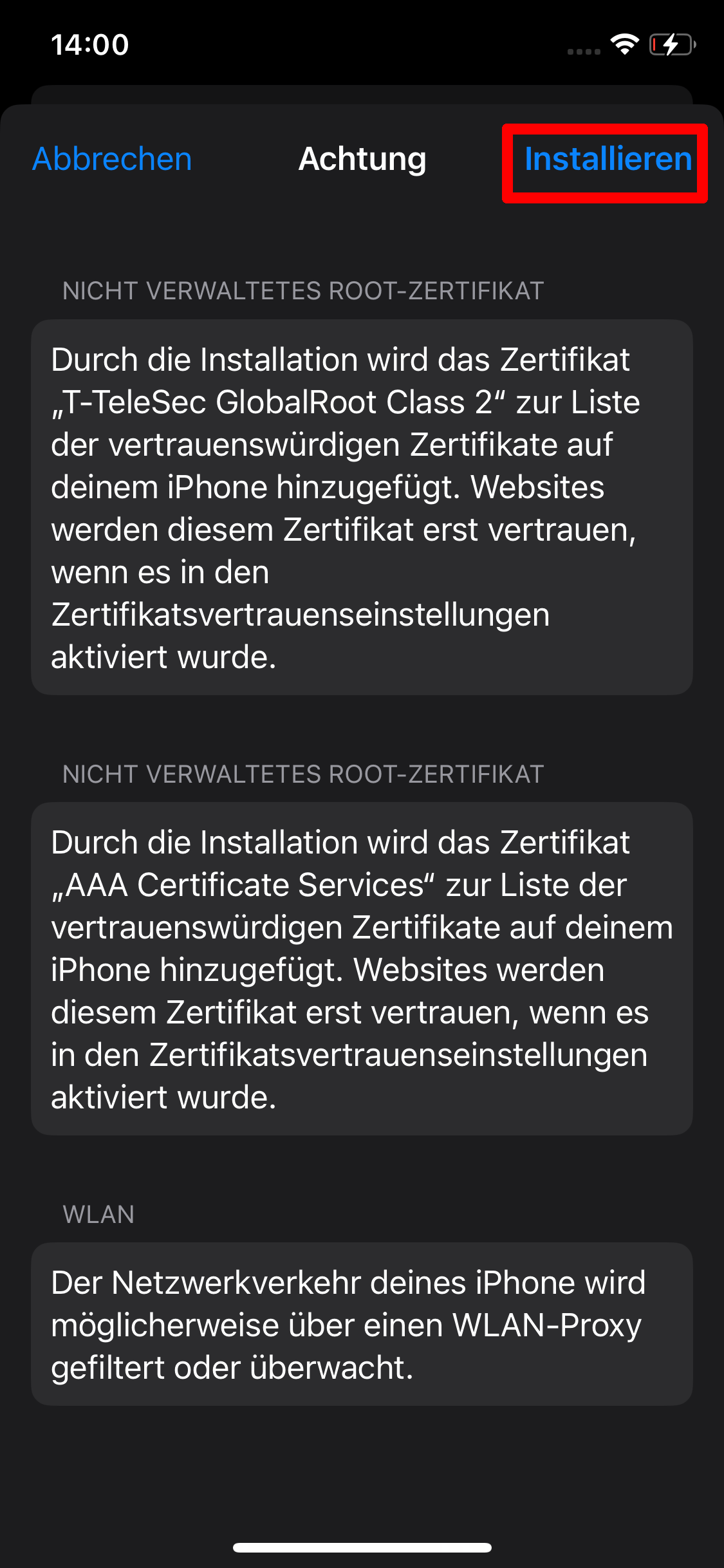 Screenshot des Zertifikats. Unter "Nicht verwaltetes Root-Zertifikat" sind Informationen zum T-TeleSec Global Root Class 2 und AAA Certificate Service Zertifikat angegeben.