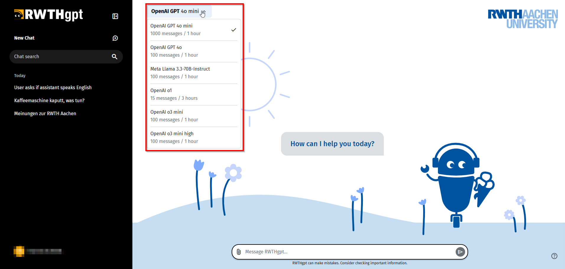 Screenshot of the RWTHgpt user interface on which the selection menu for language models and AI tools is folded out and highlighted in the center left.