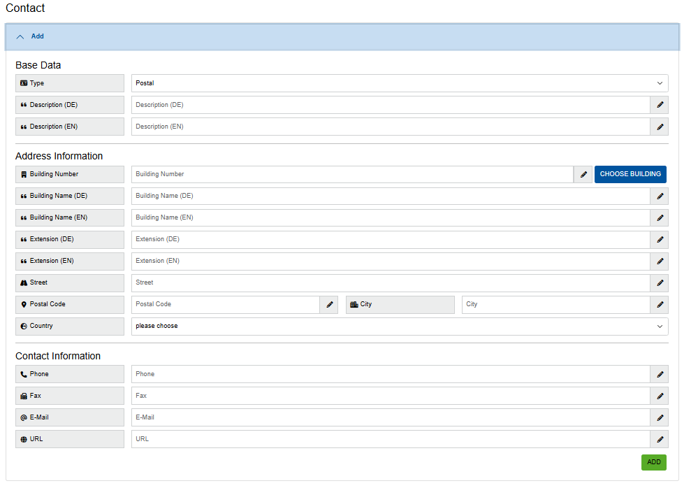 Screenshot of the expanded “Add” menu. The area is divided into 3 sections: “Base data”, ‘Address information’ and “Contact information”.