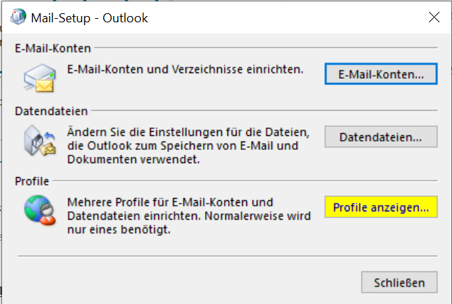 Option zum Anzeigen von Profilen unter Mail-Setup für Outlook  Option zum Anzeigen von Profilen unter Mail-Setup für Outlook