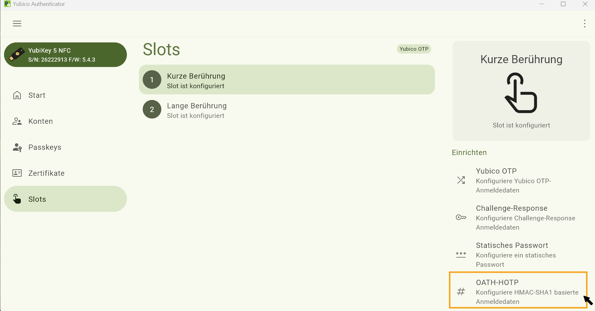 Screenshot des Yubico Authenticators, ausgewählt ist der Menüpunkt “Slots“. Die Auswahl „OATH-HOTP“ befindet sich am Ende der Seite, in einer Auswahl unter der Überschrift „Einrichten“.