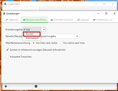 Screenshot des Fensters Einstellungen im Reiter "Benutzoberfläche" auf dem die Auswahl "Dunkel" im Menüpunkt "Erscheinungsbild" markiert ist.