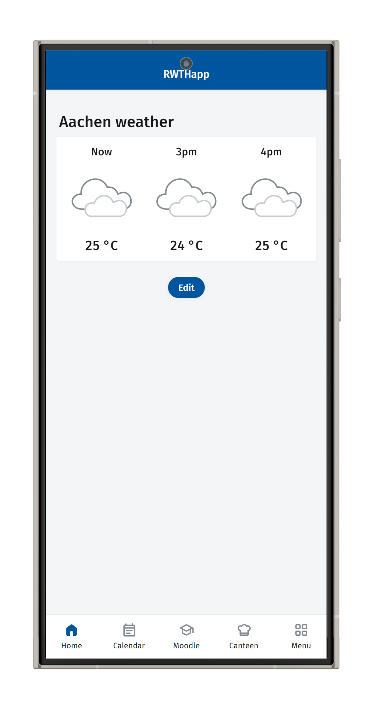 Editing the dashboard Screenshot of the dashboard. The current weather is displayed by default. The "Edit" button is located below it.
