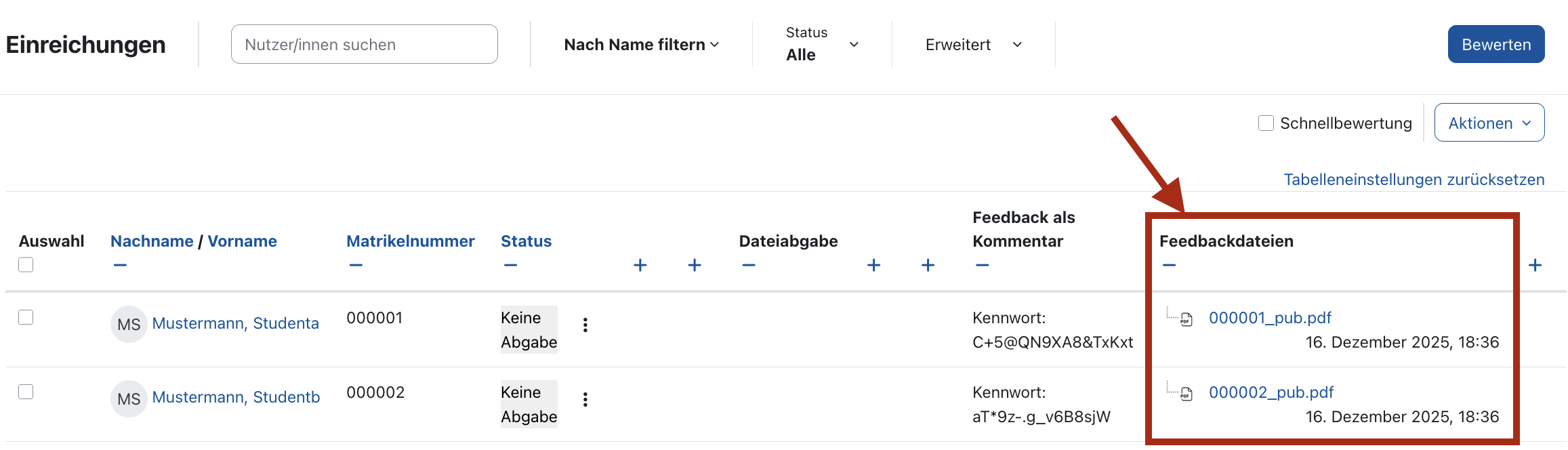 Screenshot: Übersicht über bereitgestellte Klausur