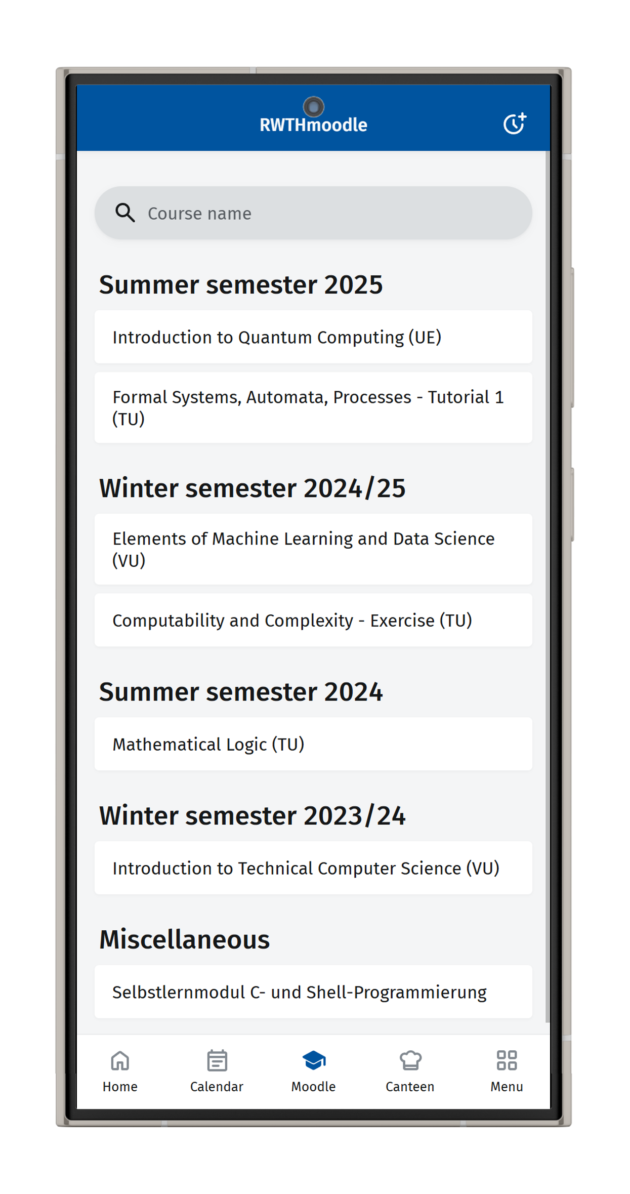 Screenshot of the RWTHmoodle course rooms. There is a search box above the list of rooms.