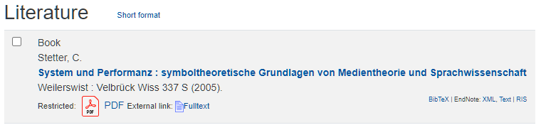 Screenshot: Literature example in the long format. A link in the top row allows switching to the short format. The information given is the document type, the authors, the title with a link to the "Semesterapparat" page, the place and year of publication, the DOI and/or ISBN, a link to the full text, and export links for literature management.