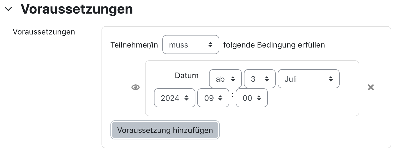 Screenshot der Voraussetzungs-Einstellungen für die Textseite. Beispielhaft ist ein Datum eingestellt, ab dem der Zugriff auf die Textseite möglich ist.