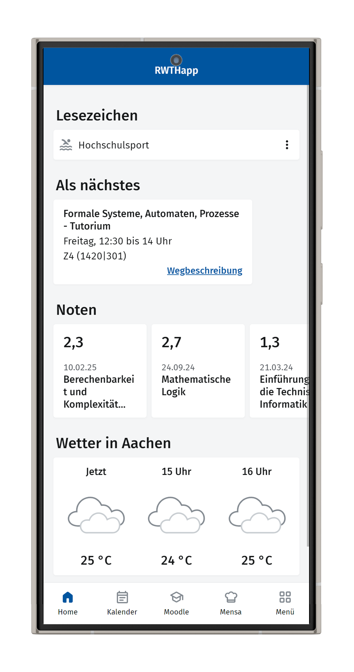 Screenshot: Dashboard. "Hochschulsport" wurde als Favorit markiert und erscheint nun unter "Lesezeichen".