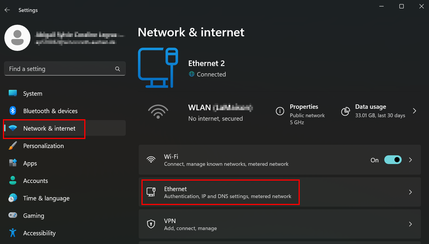 Screenshot of the settings. "Network & Internet" is between "Bluetooth and Devices" and "Personalization". "Ethernet" is located between "Wi-Fi" and "VPN".