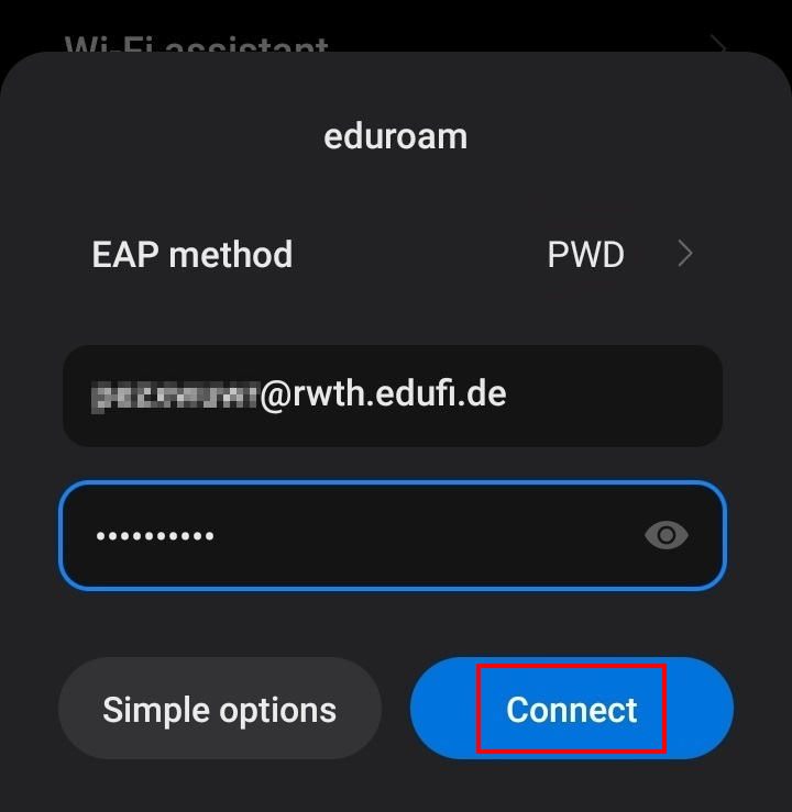 Screenshot of the login screen. The user name ends with @rwth.edufi.de. You will find the Connect button below the login form.