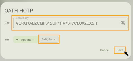 Screenshot of a pop-up with the title “OATH-HOTP”. The code, consisting of letters and numbers, is in a field labelled “Key”. Below this is a drop-down menu for setting the character length, which is preset to “6 digits”. The “Save” button is below this, at the end of the pop-up window.