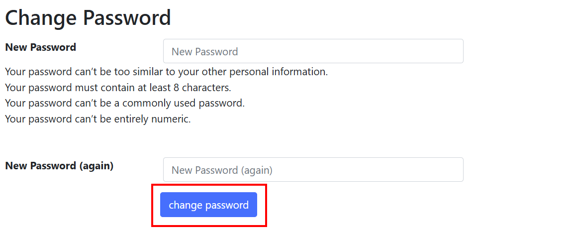 Screenshot of the Change Password page. There are two input fields: "New Password" and "New Password (Again)": The "Change Password" button is below these fields.